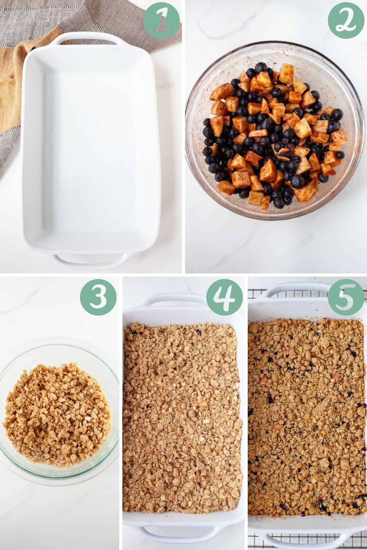 Step by step graphic of how to make blueberry apple crisp.